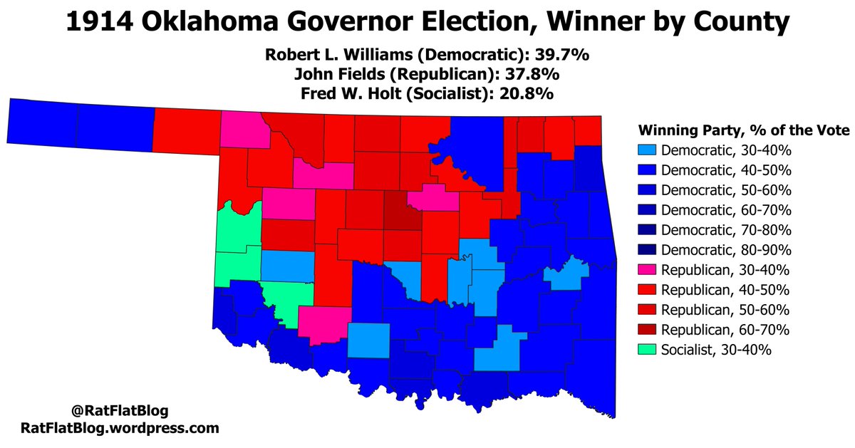 The Socialists peaked in Oklahoma in 1914. That year they had 984 local chapters and 12,000 registered members statewide. Over 175 Socialists were elected to local office, including 6 state legislators. They received 20.8% of the vote in the 1914 Gov race and carried 3 counties
