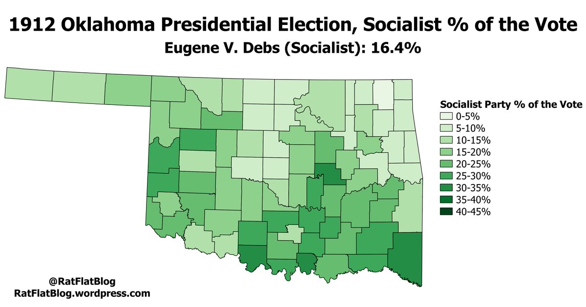 The Oklahoma Socialist Party’s greatest strength was in the old Indian Territory of southern Oklahoma, as well as the counties along the western edge of the state. Debs highest % of the vote in the state was in Marshall County in the south of the state, where he received 34.9%.