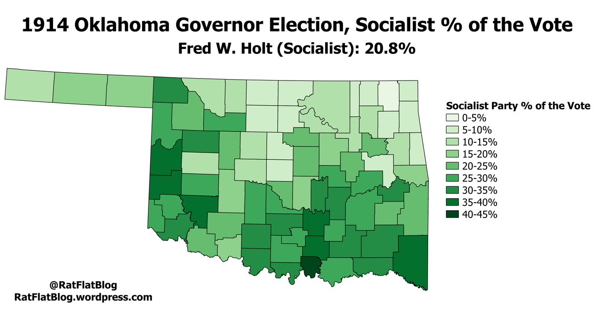 Marshall County was once again the Socialists best county: they received 41% in Marshall but were narrowly beaten by the Democrats at 43%. Across much of southern Oklahoma the Socialists were the second-place finishers, displacing the Republicans as the Democrats main challengers