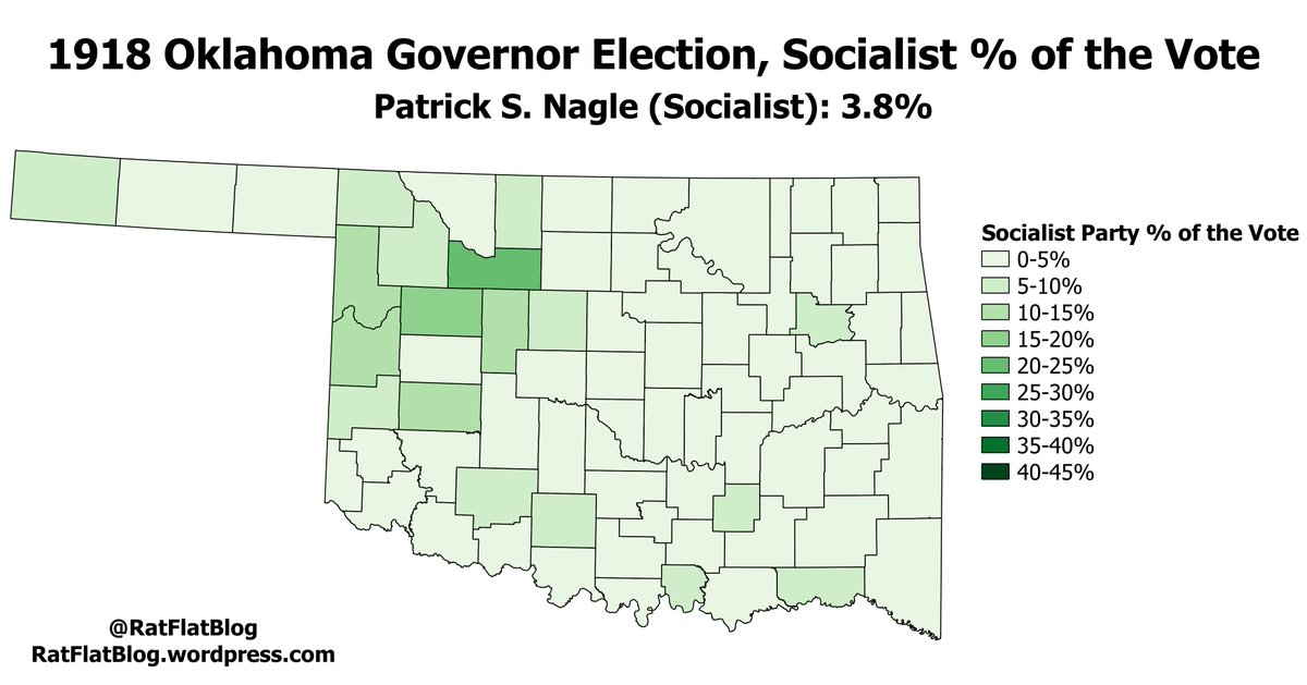 The Socialist vote in southern Oklahoma collapsed, and the Socialists did only marginally better in their former stronghold of western OK. The Socialists best result was in Major County, where they got 20.8% of the vote, matching but not exceeding their 1914 statewide percentage