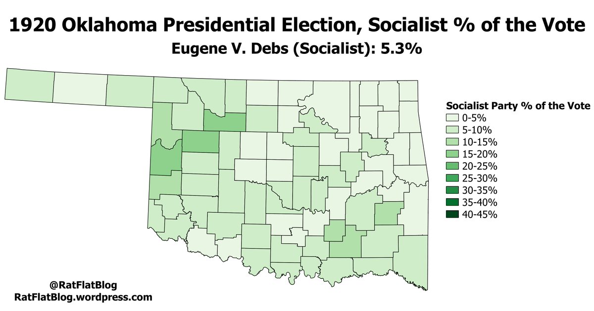 But while Debs exceeded Benson's 1916 result nationwide and showed strength in northern states like Wisconsin and New York, his results in Oklahoma were disappointingly low. He received only 5.3% of the vote, as Oklahoma was carried by a Republican for the first time in history.