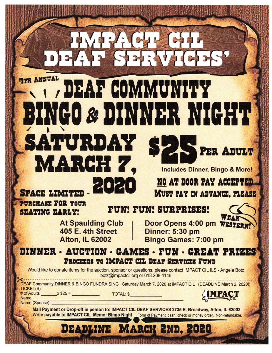 BotzAngela's tweet image. NOW ACCEPTING DONATION ITEMS for Benefit Auction! IMPACT CIL Deaf Services' Deaf Community Western themed Dinner and Bingo Fundraising Event March 7, 2020! IMPACT CIL of Alton, IL 618-208-1146
Want to promote your business/organization/agencies, home businesses or awareness?