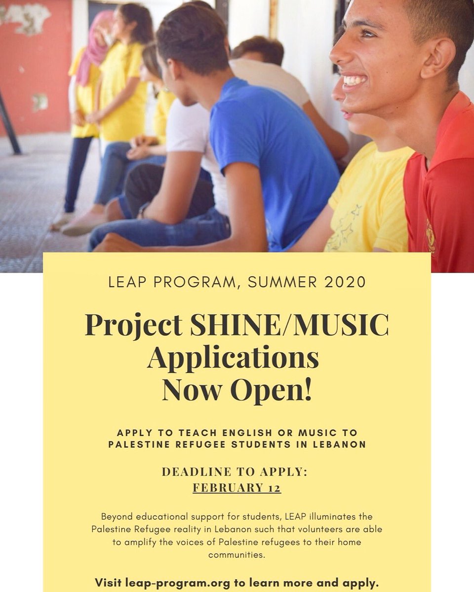 LEAPProgram's tweet photo. Calling all volunteers! LEAP’s Project SHINE and Project MUSIC applications are now open! Apply now to teach music or English to Palestinian youth in Lebanon this summer. 
For more information, check out https://t.co/bfWcF6naWM, or shoot us a dm! 🇵🇸🗝❤️ link in bio! https://t.co/zwhTm1nmjN