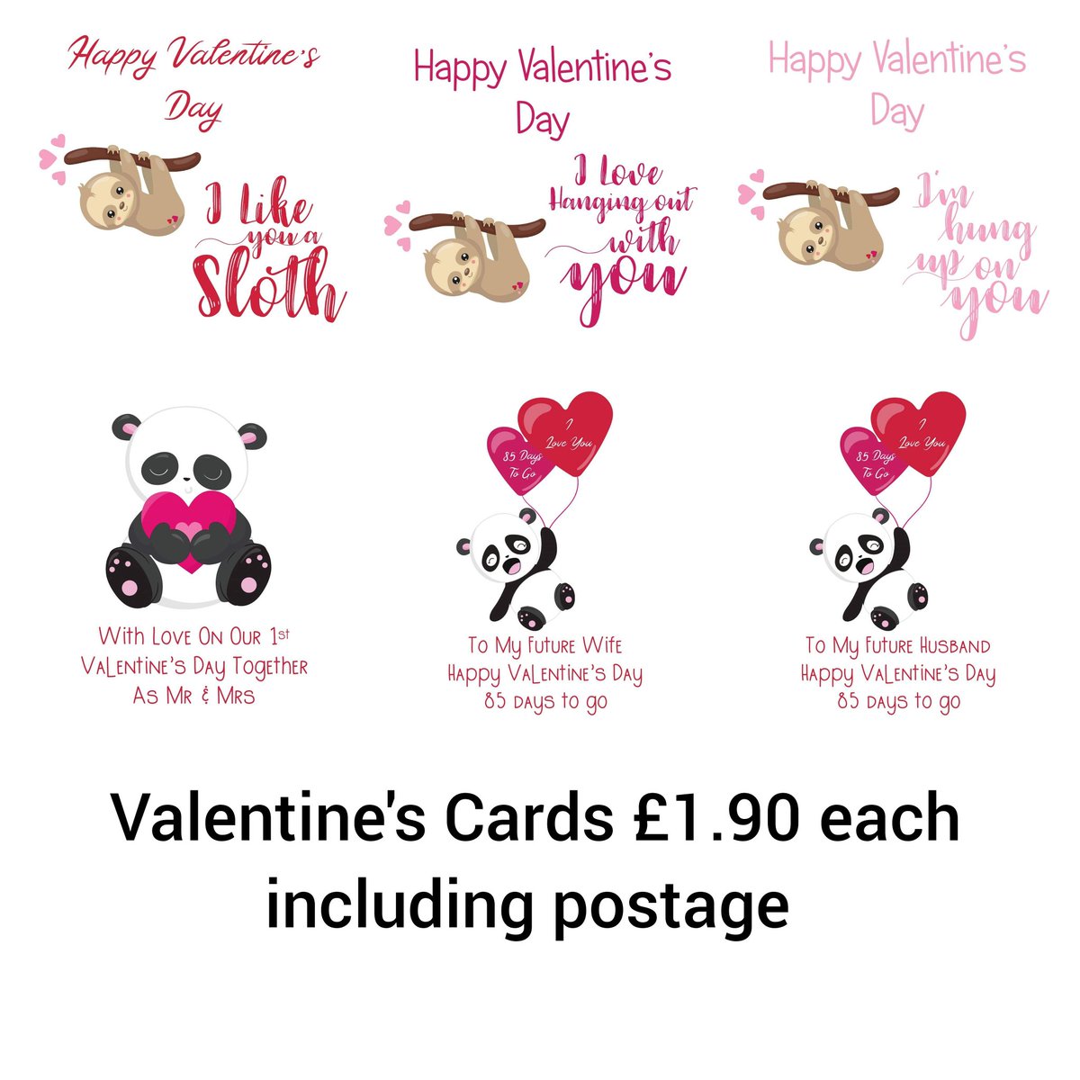 Valentines cards £1.90 each free Postage Facebook.com/breakthrudesig… #handmade #valentines #valentinescards #valentinescard #cardsforsale #cardsforhim #cardsforher #valentine #sloth #sloths #panda
instagram.com/p/B7O-4xZhfLF/…