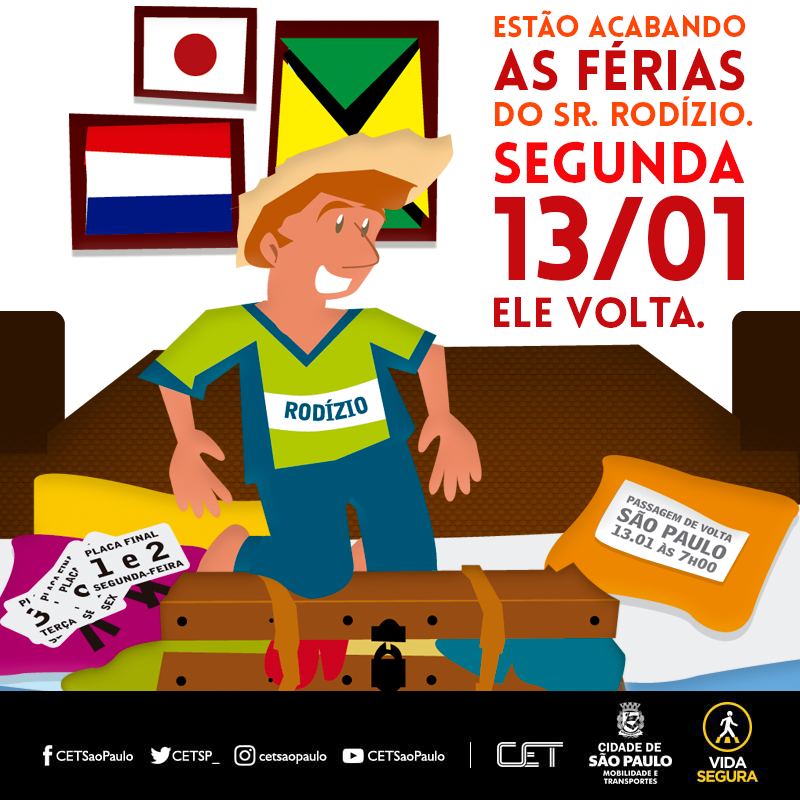 CETSP_'s tweet image. As férias do Sr. Rodízio estão acabando. Segunda-feira, 13/01, ele estará de volta à cidade de São Paulo. A fiscalização para veículos com placas finais 1 e 2 passa a vigorar a partir das 07h00 de segunda-feira. Saiba mais: scup.it/mh7v