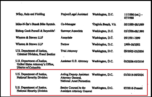 5) That makes Atkinson senior legal counsel to Mary McCord who was the former head of the DOJ-NSD in 2016 when the stop Trump operation was underway. https://www.scribd.com/doc/427107405 