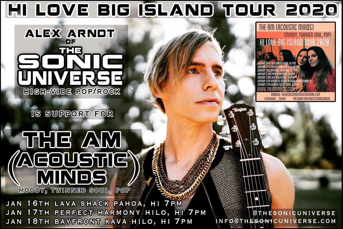 SonicUniverse's tweet photo. Hawaii music tour, here we come!
I am so honored to be supporting The AM (Acoustic Minds) on this Hawaii tour.
#tour #bigisland #hilo #pahoa #hi #hawaii #kona #bayfrontkava #perfectharmonyhilo #lavashack #tham #pop #alexarndt #alexarndtmusic #thesonicuniverse #concert #shows https://t.co/bweuuXHnsn