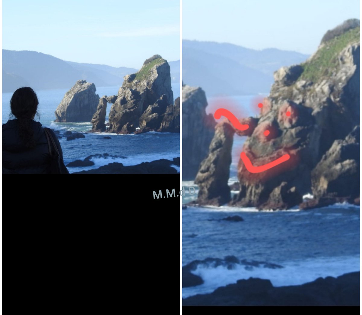 Vistas desde San Juan de Gaztelugatxe hacia Bakio. ¿Alguien se ha fijado en la Roca Feliz que toca la cabeza a un Moái?
