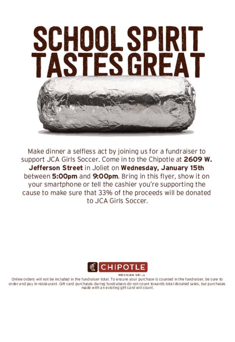 jca_soccer's tweet photo. Come support the JCA Girls Soccer Team on Wednesday, January 15th from 5pm-9pm by having dinner at Chipotle on Jefferson Street! Make sure to let them know that you are with JCA Soccer💙⚽️ https://t.co/8hpuHLR9NX