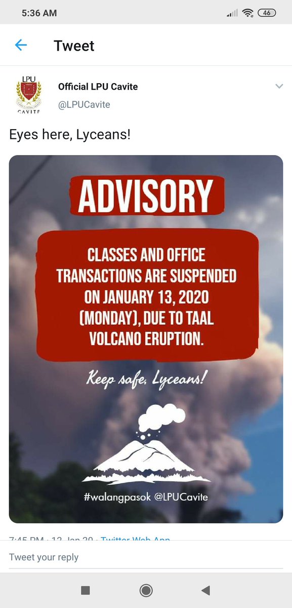 LPUManila's tweet photo. ICYMI: As a preemptive measure due to the recent activities of #TaalVolcano, classes and work in LPU Manila, Batangas, Laguna and Cavite are suspended today, January 13, 2020. As #OneLPU, let us pray for the safety of everyone in light of the unrest of Taal Volcano https://t.co/CqsmEgl9XI