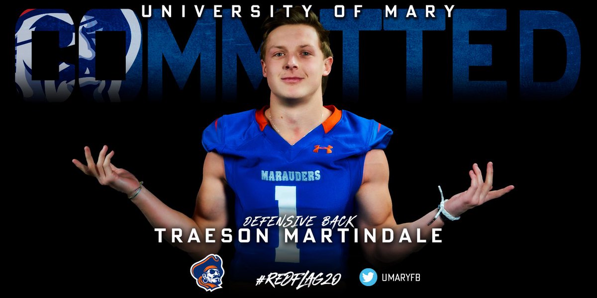Trae21son's tweet photo. Blessed and honored to announce my commitment to the University of Mary!! Go Marauders💙🧡 https://t.co/II8a6htqpa