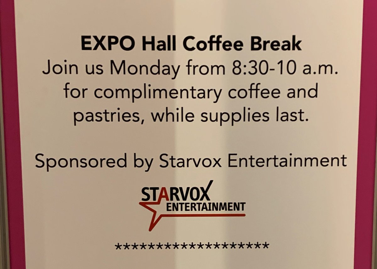 Starvoxent's tweet photo. Ditch your plans tomorrow morning and join us! 
☕EXPO HALL COFFEE BREAK ☕ from 8:30am-10am. 
Enjoy complimentary coffee &amp; pastries (while supplies last obvs) Sponsored by Starvox Entertainment.
#apap #apap365 #apapnyc #apap2020 #starvox https://t.co/vWhQQP3ZLD