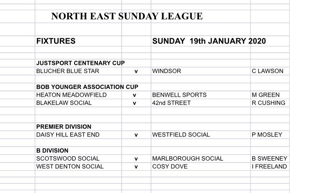 Forthcoming Fixtures for the <a href="/NESLFootball/">NESL Football #NESL</a> league 
Sunday 19th January 2020

Confirm your referees early as we have spare officials available ⚽️👍