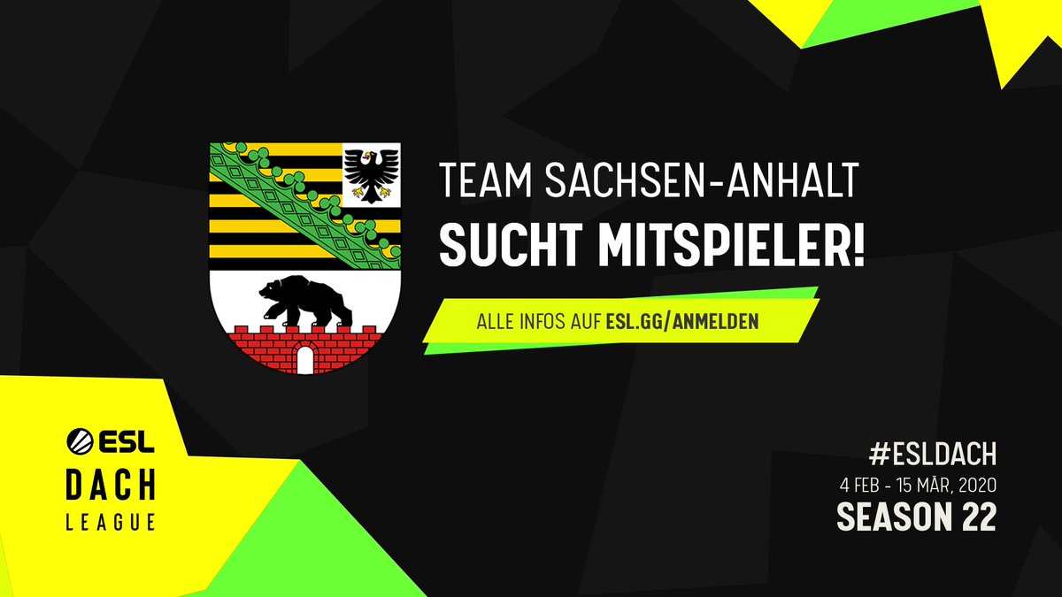 <a href="/TeamAnhalt/">Team Sachsen-Anhalt</a> sucht noch Spieler für die #ESLDACH League!

Alle Infos unter
esl.gg/anmelden 
und auf discord.gg/P3vuxDH