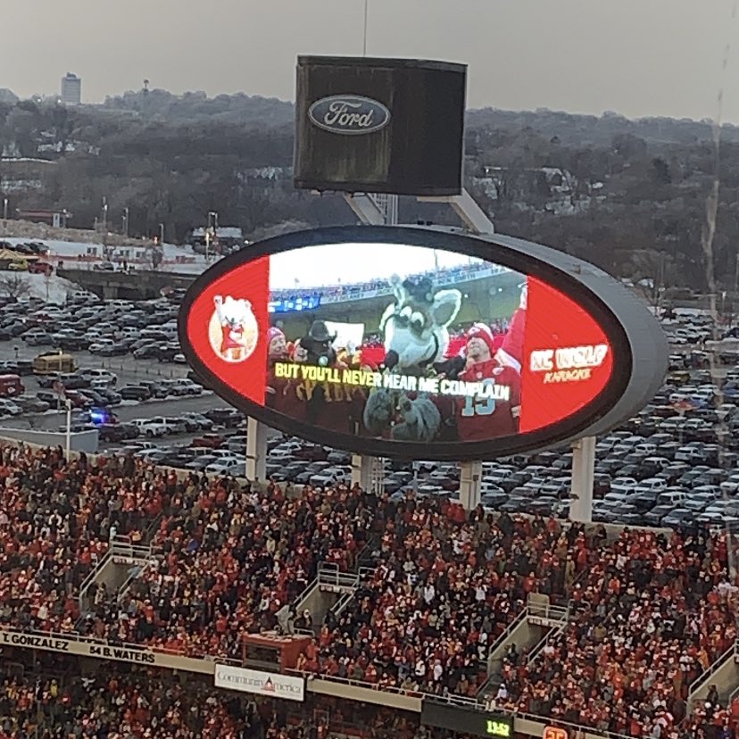 BrelandFOX29's tweet photo. Update: KC Wolf, in his Hawaiian shirt, is now singing karaoke on the big screen. Party time at Arrowhead. #HeLit https://t.co/gzFSiP1maj
