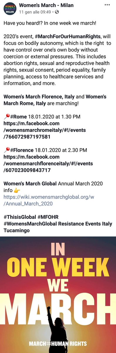 grandkidsitalia's tweet photo. Se avete la possibilità di partecipare, venite a marciare sabato 18 gennaio durante la #WomensMarch2020! Oltre a #Milano ci sono anche #Roma e #Firenze! @WomensMarchMIL @womensmarch #MFOHR #ThisIsGlobal https://t.co/z3WEcjRoqO