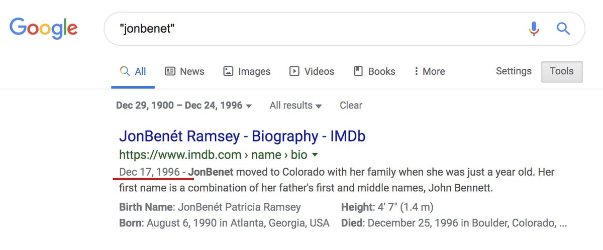 And why does JonBenét Ramsey's official IMDB page appear to have been published on December 17, 1996, nine days before news of her tragic, unspeakable death was to crash upon American and the world like a tsunami?Curiouser and curiouser.