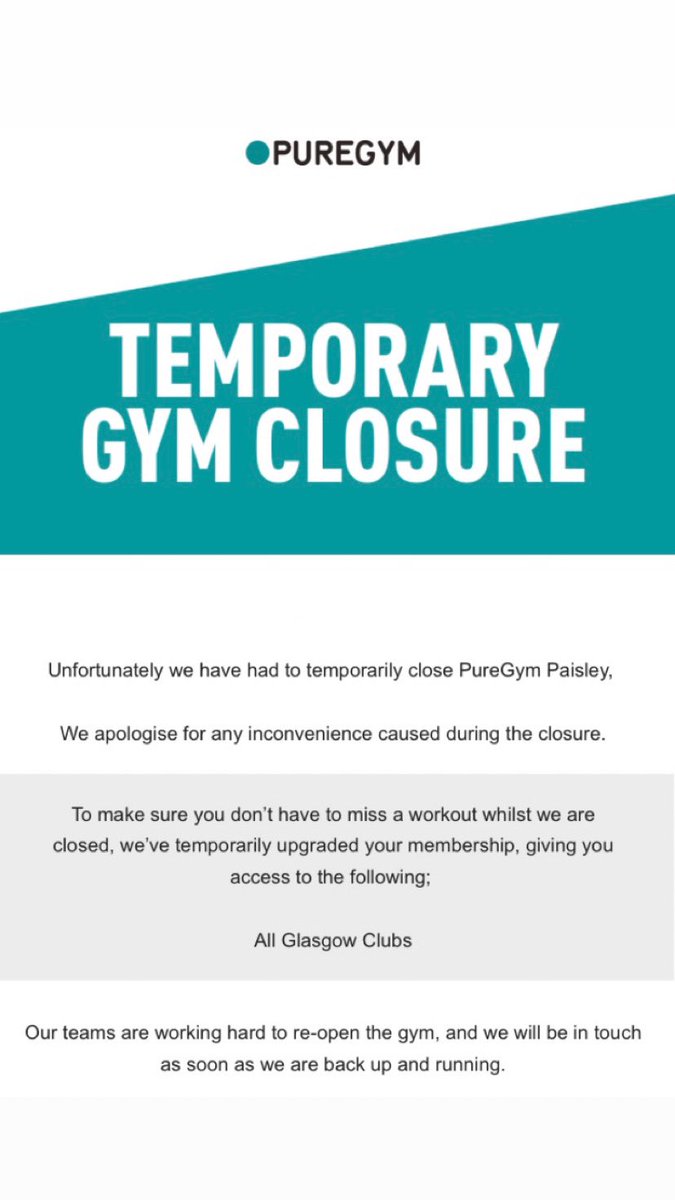 Due to on-going issues we have had to remain closed. We hope to be open ASAP. We will update our social media pages at 7am tomorrow. Thank you for your patience. - PureGym Paisley.
