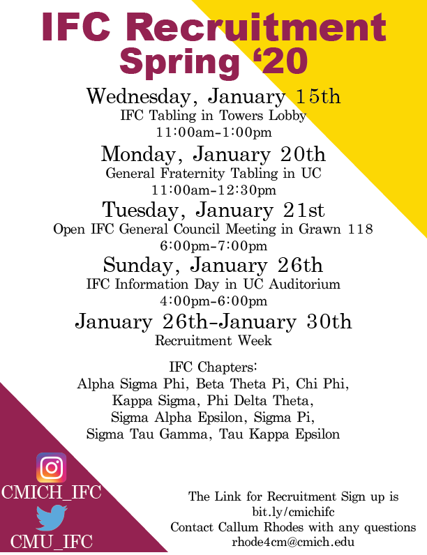 Is everyone as excited for Recruitment season as we are!?

Here are some upcoming dates for IFC Recruitment, and the link to sign up for recruitment is Bit.ly/cmichifc