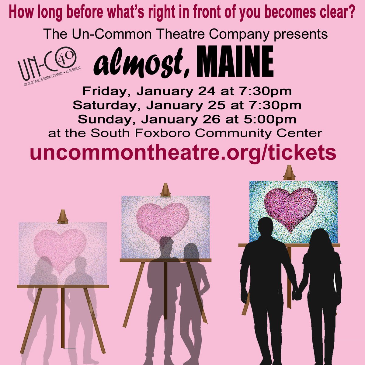 Don't miss Almost, Maine, the quirky, comedy about love &amp; friendship. Buy your tix at uncommontheatre.org/tickets for Jan. 24-26 in Foxboro. #almostmaine #uncotheatre #tickets #mansfieldma #foxboroma #nortonma #eastonma #bridgewaterma #walpolema #sharonma #attleboroma #medfieldma