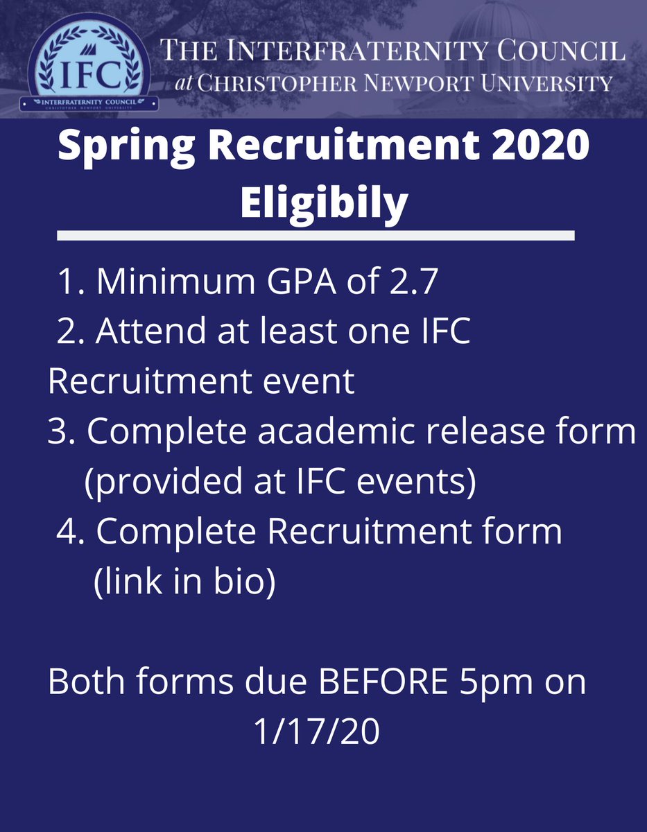 CNU_IFC's tweet photo. CNU IFC Spring 2020 Recruitment Schedule is here! First event is TOMORROW in Freeman 202 from 6-9pm! #CNUIFC2020 https://t.co/OugWeqUUXo