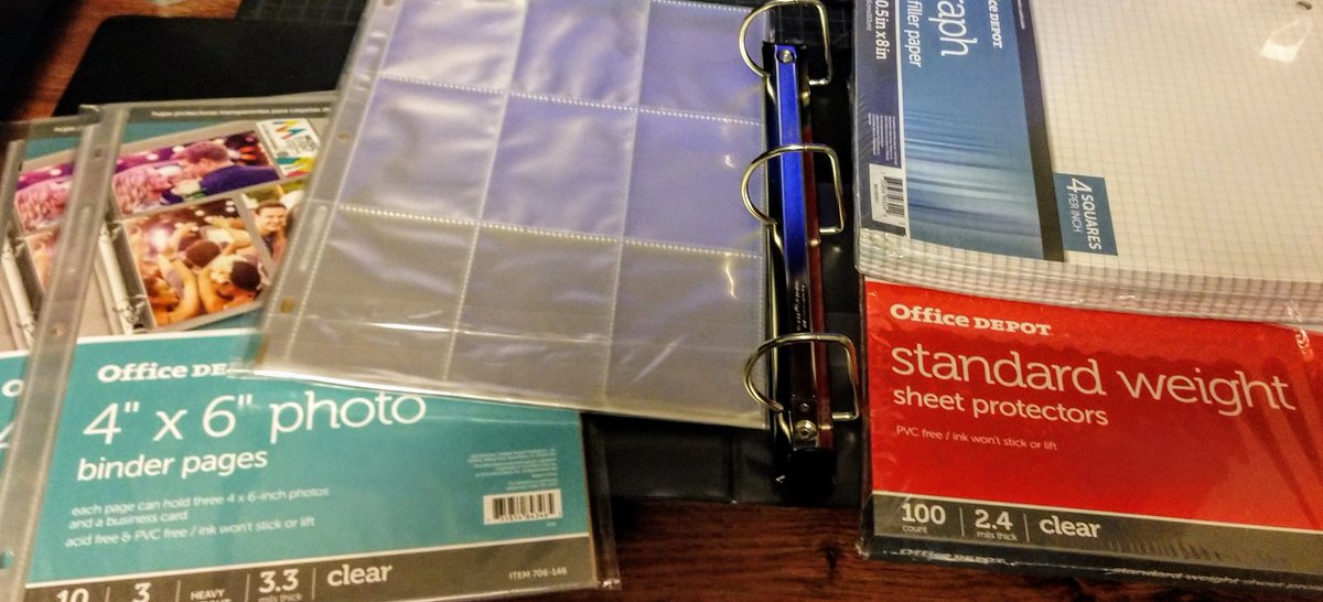 3 ring binder, card sleeves, photo sleeves, page protectors, etc. For DND campaign setting book and notes.