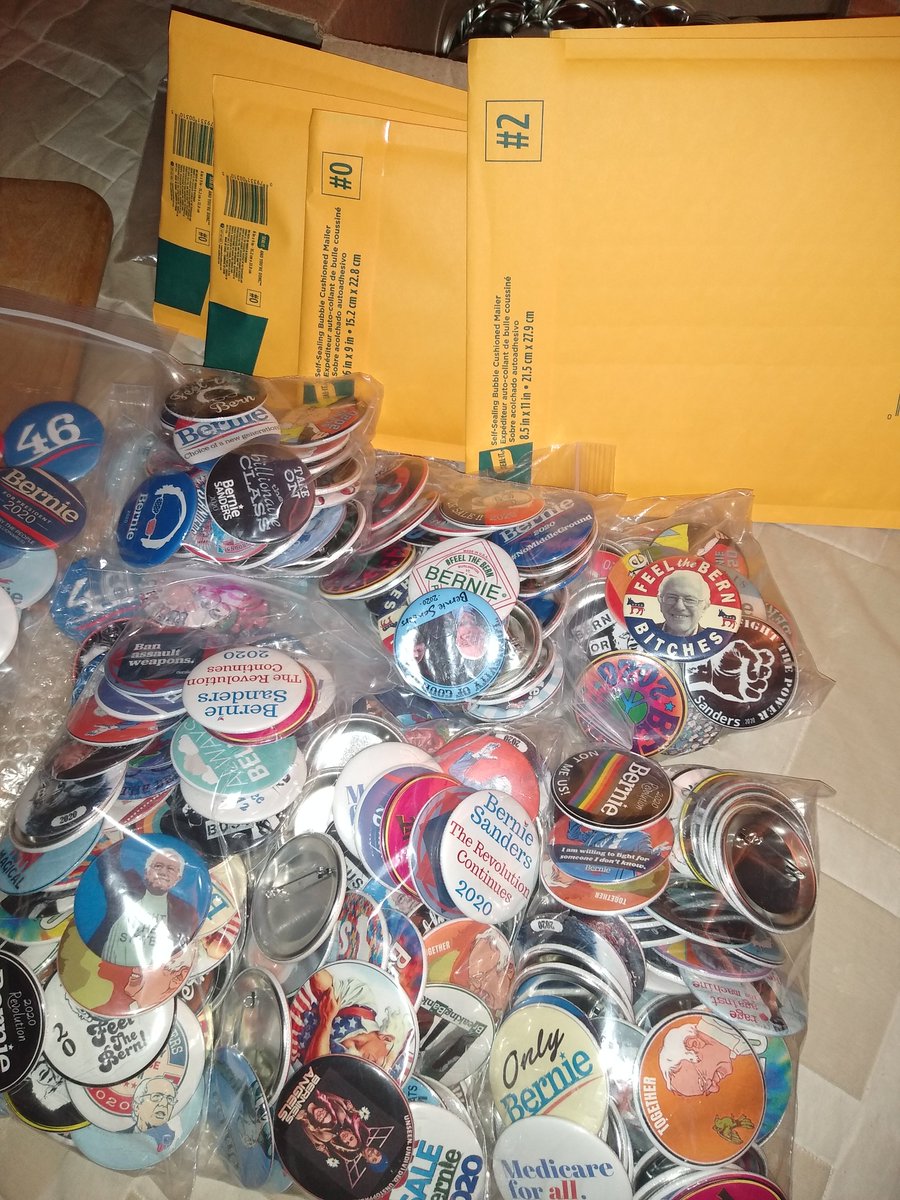 KLBrookshear's tweet photo. #Bernie2020 buttons ready to go out to canvassers, victory captains, give away winners, phone bank groups, and volunteers. My arms are tired, but I love to #ShareTheBern https://t.co/JgrAN0TuB8