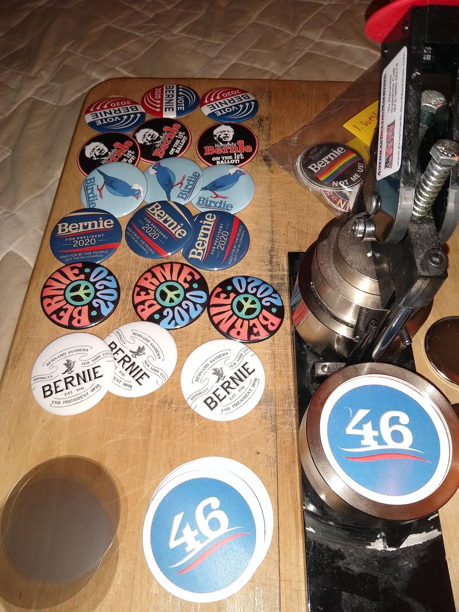 KLBrookshear's tweet photo. #Bernie2020 buttons ready to go out to canvassers, victory captains, give away winners, phone bank groups, and volunteers. My arms are tired, but I love to #ShareTheBern https://t.co/JgrAN0TuB8
