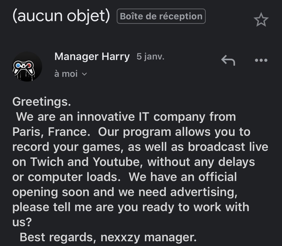 Yanteh_'s tweet photo. ALERTE 🚨 

La nouvelle mode des hackers, se passer pour une nouvelle marque et contacter des youtubers pour tester leur logiciel, une fois installé, vous êtes fichû, j’ai failli accepté mais grâce à vous j’ai sû que c’était du hack, merci de RT &amp; FAV pour aider ! https://t.co/LEGAOcNmzU