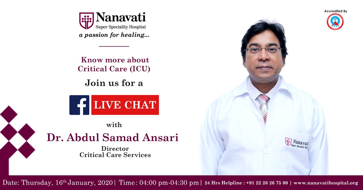 Nanavati_H's tweet photo. Join us for a facebook live chat with Dr. Abdul Samad Ansari ,Director Critical Care Services , Nanavati Hospital to know more about Critical Care on 16th Jan 2020 from 04.00pm-4.30pm
#FacebookLiveChat #CriticalCare #ICU #NanavatiHospital #Mumbai #Doctors https://t.co/uidoR7Egy2