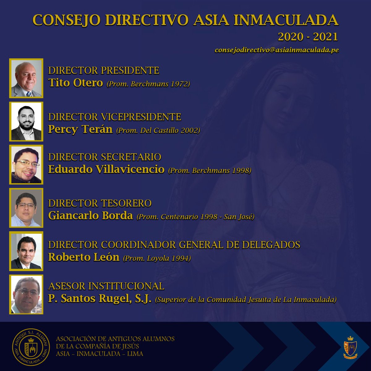 ASIAInmaculada's tweet photo. El 1 de enero inició funciones el Consejo Directivo para el período 2020 – 2021, presidido por Tito Otero y conformado por los directores Percy Teran, Eduardo Villavicencio, Giancarlo Borda y Roberto Leon. Los acompaña el P. Santos Rugel SJ, Asesor Institucional de ASIA. https://t.co/oW5wPojfUY
