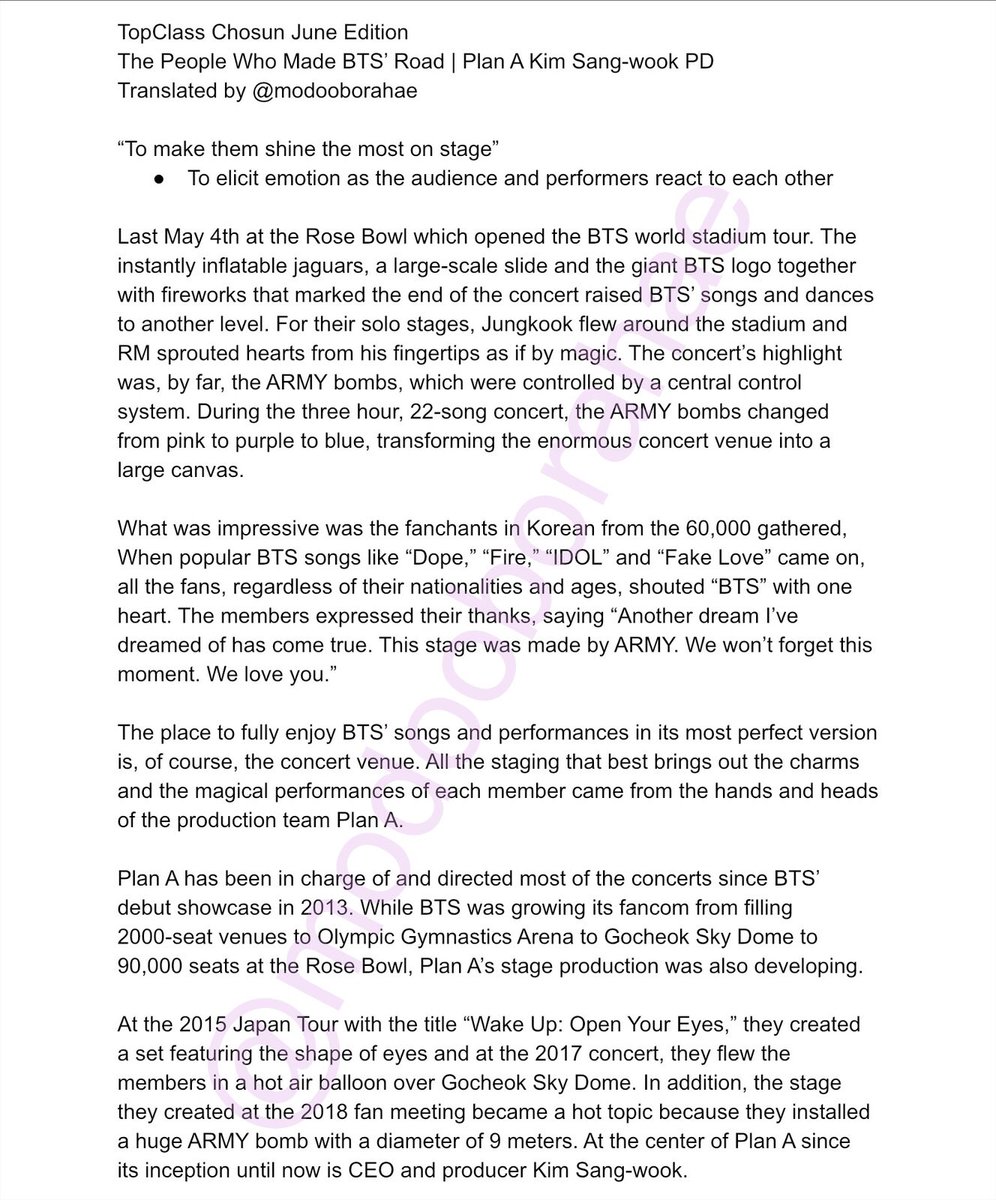 Here’s the article on Kim Sangwook from PlanA. He has done all their stage production for their concerts since the beginning. Sorry it took so long to come out  @BTS_twt  #BTS  #방탄소년단   https://topclass.chosun.com/mobile/board/view.asp?catecode=R&tnu=201906100015