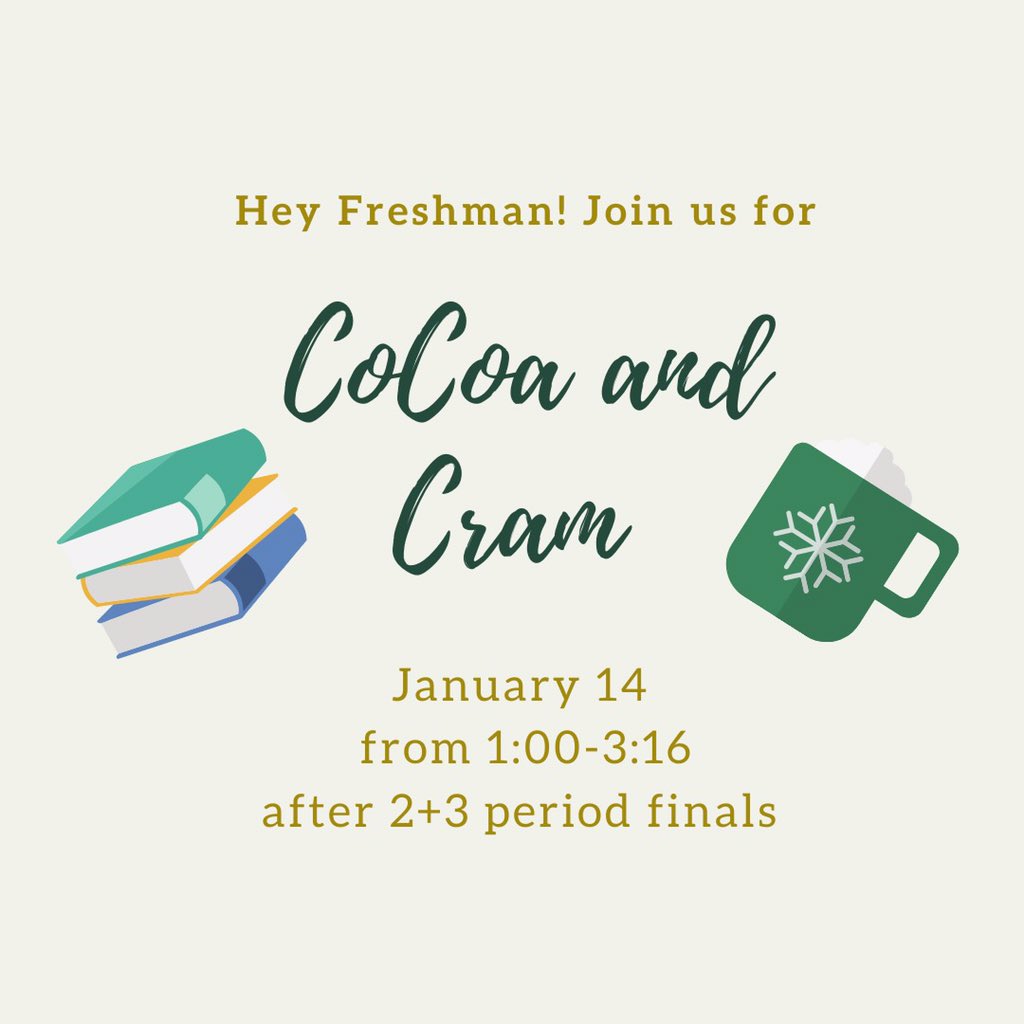 EdinaStudCo's tweet photo. 👼🏼FRESHMEN!!!👼🏼Need to study last minute??🤓Come to Cocoa and Cram from 1:00-3:16 Tuesday in the cafeteria!!! There will be tutors there for all subjects😌and hot chocolate for all students🤤 https://t.co/6DvLR2PQrC