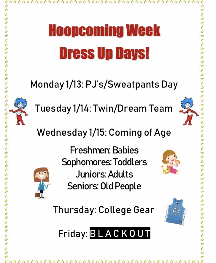 hillgrovesports's tweet photo. Hey Hawks! Here are the dress up days for Hoopcoming. Show your school spirit by participating each day! https://t.co/zN6MAdNpJZ
