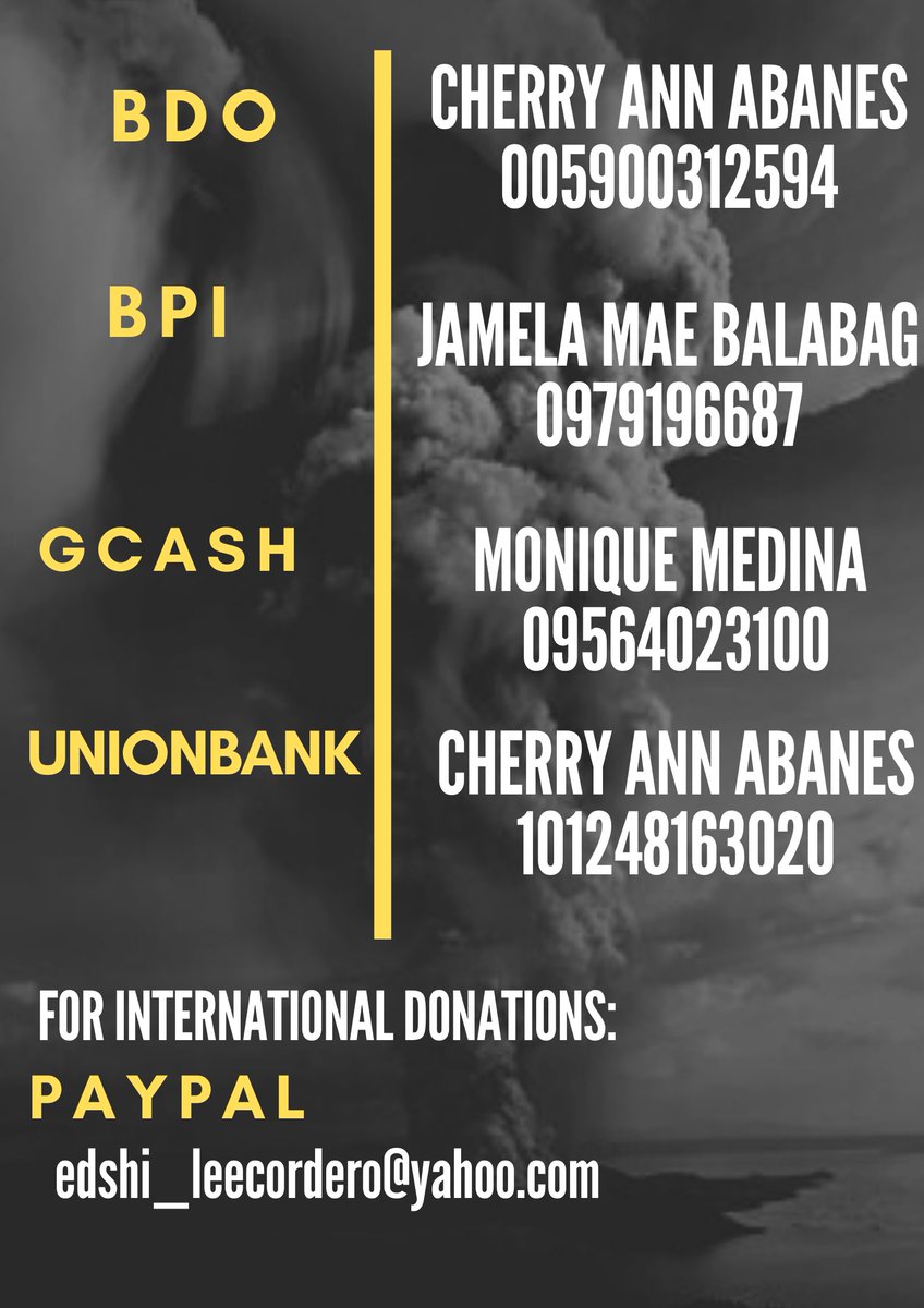 SJae_gi's tweet photo. [HELP RT - CALL FOR DONATIONS]

In lieu with the #TaalEruption2020, we are asking for donations for our fellow Filipinos who are in need of food, water, flashlight, blankets. You can send your donations to the following banks. Rest assured that all will be transferred ASAP. https://t.co/xDbOYFu1gE