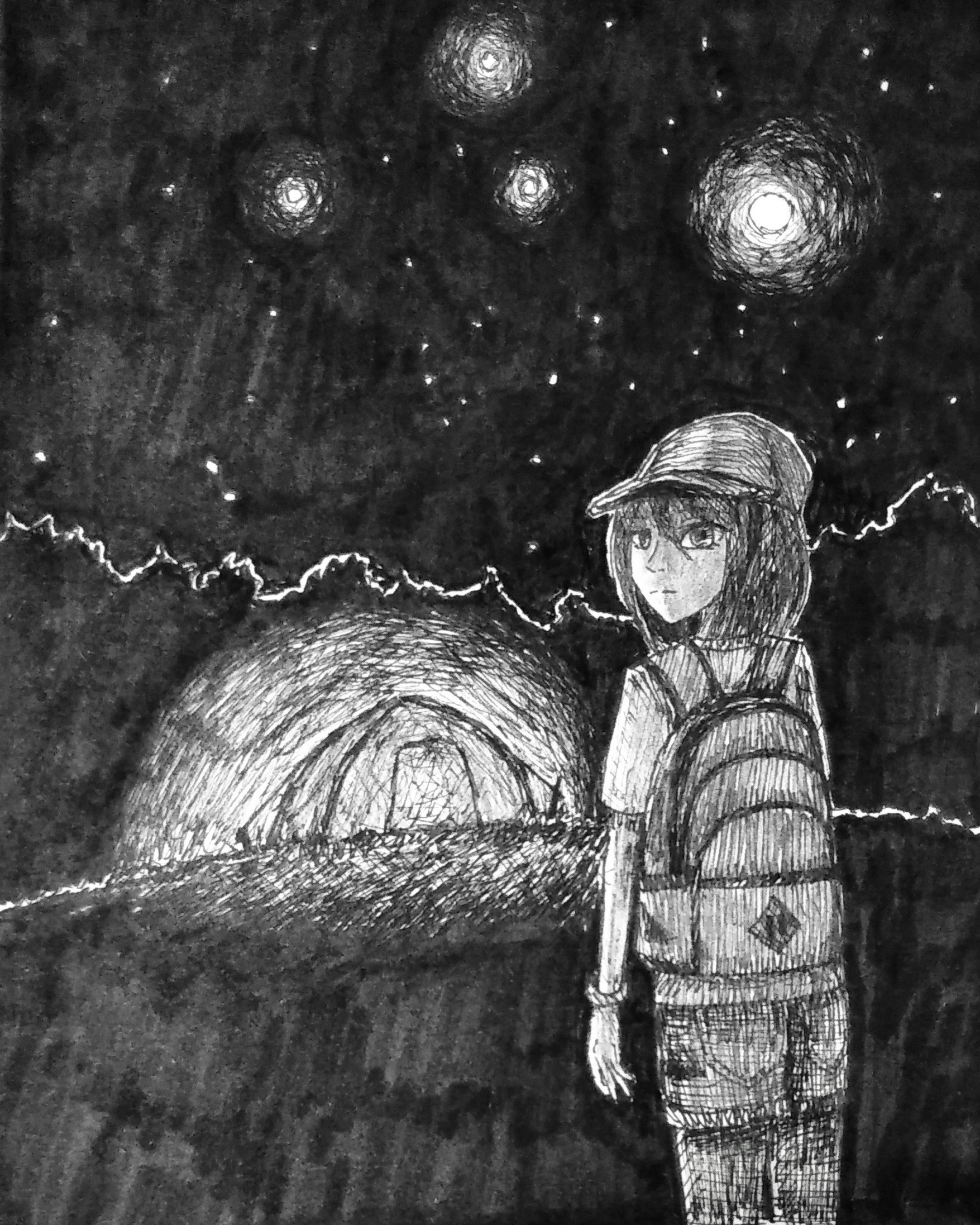梅雨目うつ モノ パニック障害 うつ病 Ar Twitter キャンプのしおりの表紙イラスト 頼まれて描いた過去絵 ペン画 キャンプ 夜 T Co N2zsnhkodz Twitter