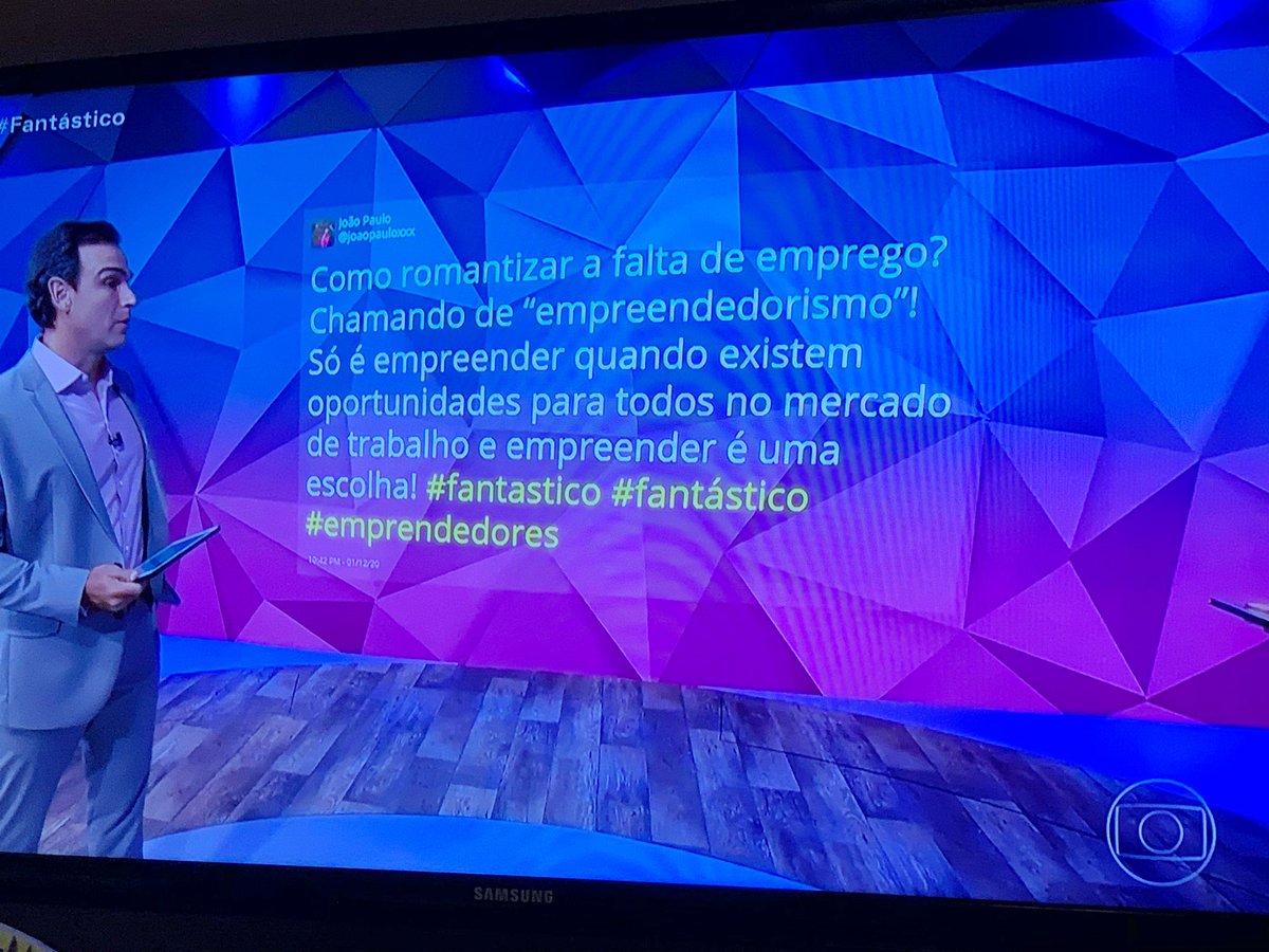 Aí o #Fantástico exibe uma matéria falando das maravilhas do “empreendedorismo”. Aí, depois, o Tadeu teve que ler esse esculacho do telespectador ao vivo. E se embolou todo. Que constrangimento!