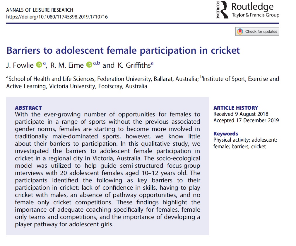 Over the moon to have my first paper accepted as lead author, especially in an area I am so passionate about. tandfonline.com/doi/full/10.10… #femalecricket #barriers #sportparticipation