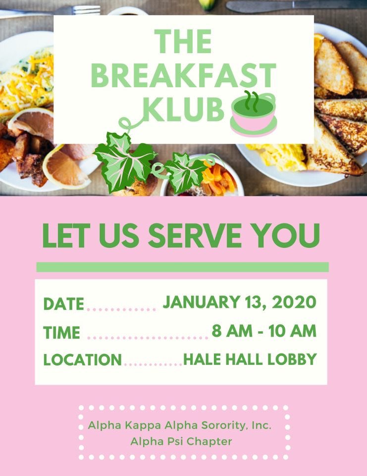 momorae_'s tweet photo. The Breakfast Klub is back! See you this Monday, January 13th—for a Welcome Back Breakfast from the Ladies of Alpha Psi💓💚 #BreakfastKlub #AlphaPsi #AKA1908 #WeStriveAndWeDo https://t.co/N2e7NmWjeG