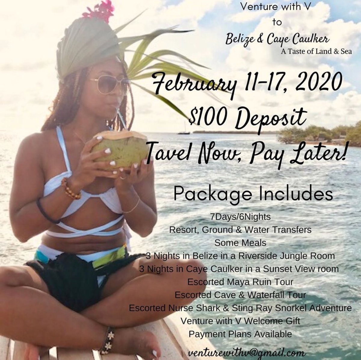VenturewithV's tweet photo. 🚨Only 1 SPOT OPEN🚨 for my Valentine/President Day weekend Group Trip to Belize &amp; the island of Caye Caulker! Just $100 deposit, you can TRAVEL NOW, and Pay Later! 👀 contact me directly via DM or at VenturewithV@gmail.com for more details!

See ya in Belize 🌴
#venturewithv https://t.co/H6caMlvriq