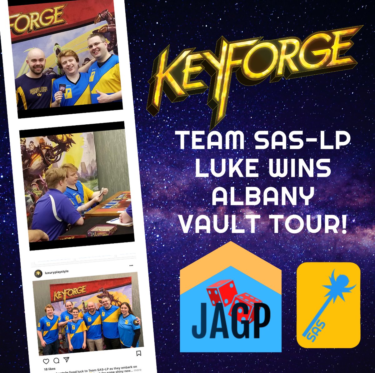 CorayThan's tweet photo. Congrats to Luke of Team SAS of the Luxurious Playstyle for the win! You made those dinos feel the call of nature! #teamsaslp #keyforge @LuxuryPlaystyle https://t.co/IigsHbR9qw