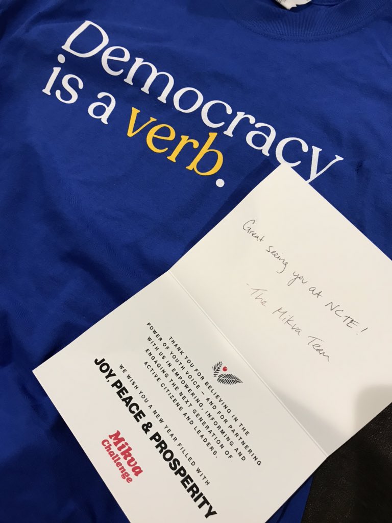 Hell2Teach's tweet photo. Just returned from @leagueofschools #CLSTech20 where I intro’d @MikvaChallenge @actioncivicsca lessons to my sesh attendees, then opened my mail to find my fave tee begged from the Mikva presenter @ncte #NCTE19 & a lovely card! Laughing my thanks! I’ll 4 sure see Mikva at #NCTE20 https://t.co/3zpKx78hSh