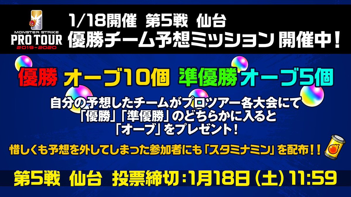 モンスターストライク公式 モンスト モンスト プロツアー 19 第5戦 仙台が1 18 土 に開催 ただいま 第5戦の 優勝チーム予想ミッション の投票を受付中 自分の予想したチームが準優勝でオーブ5個 優勝でオーブ10個が手に入る プロ