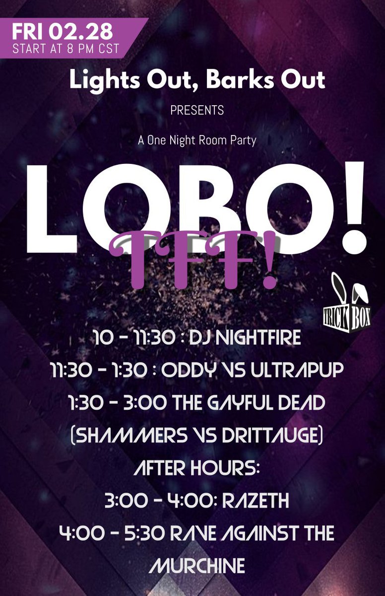 DJJakeMaxwell's tweet photo. Coming to #TFF2020 a one night only @LightsOutDC room party on Friday night! Featuring @DJNightfirex @0ddj0b @thesaucem @drittauge @Razeth_ @RaveMurchine and @DJUltraPup

Hope you will join us more info to come. We will be raising money for the @FurryFiesta charities https://t.co/HOSm6W3peZ