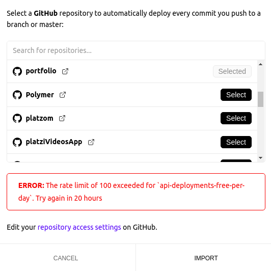 jjyepez's tweet photo. #DEVlessons: Hoy aprendí que https://t.co/QidytdRub2 tiene un límite de *100 deployments* x día, para las cuentas d tipo free. También que se esperan 2 folders por defecto para tus apps: /public y /api; pero q usando now.json puedes definir tantas rutas adicionales como quieras🤔 https://t.co/PTKBPTnUoU