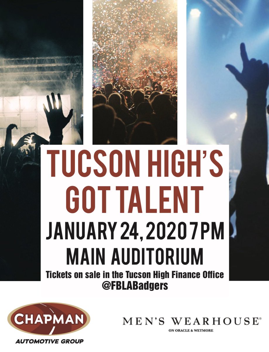 THSGotTalent's tweet photo. Ticket sales for Tucson High’s Got Talent begin tomorrow in the finance office for only $5! || @FBLABadgers @tucsonunified https://t.co/rFrFVjzcsz
