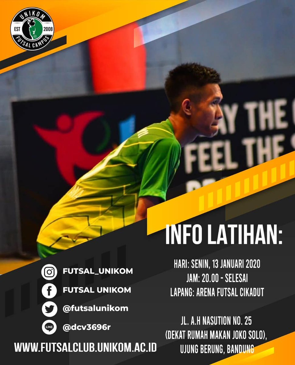 [info Latihan]
Hari: senin, 13 Januari 2020
Jam: 20.00 - selesai
Lapang: Arena Futsal Cikadut

Jl. A.H Nasution No. 25 ,Ujung Berung, Bandung