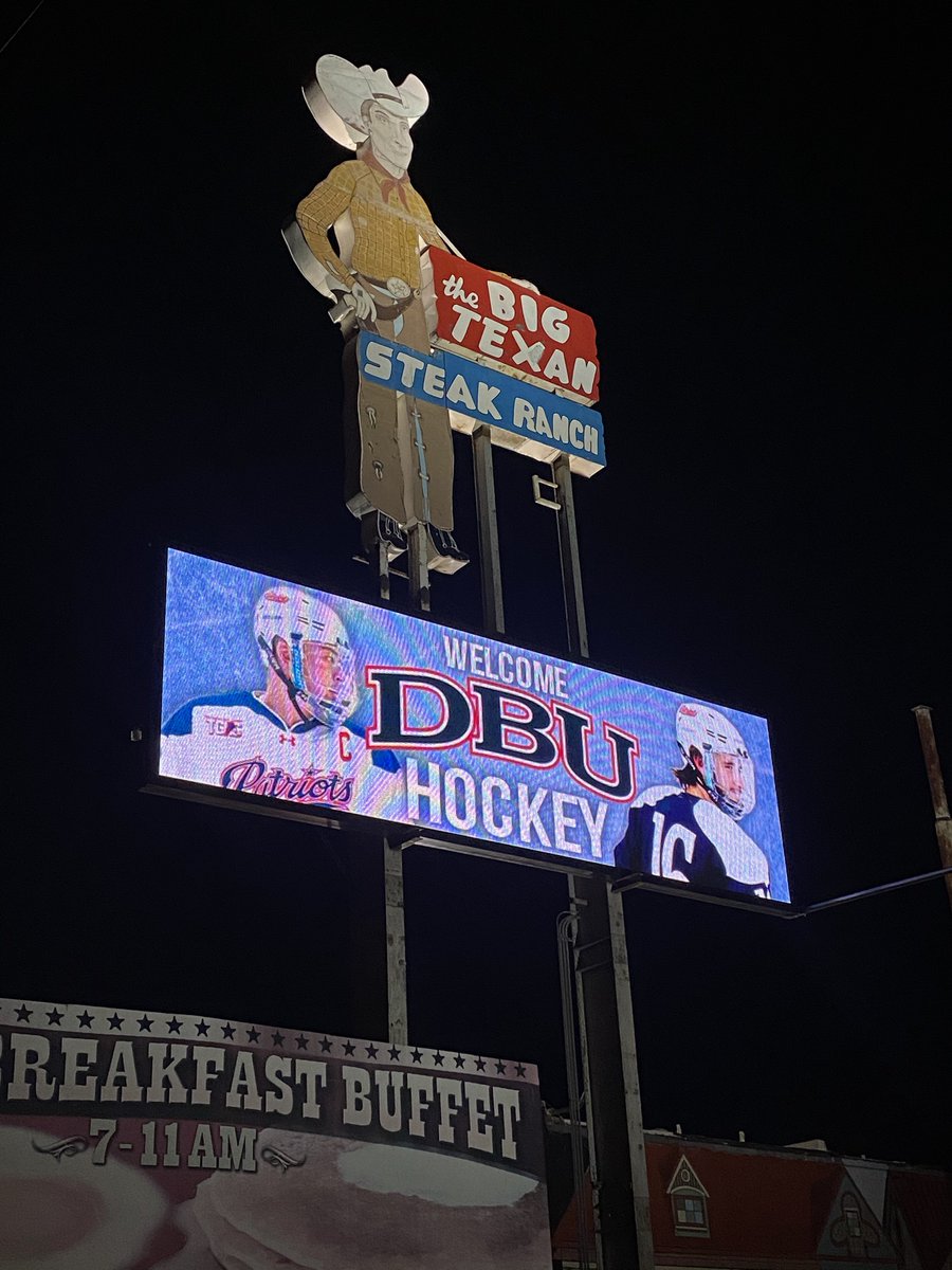 DBU_Hockey's tweet photo. Westward trips are never complete without a stop at the iconic @TheBigTexan https://t.co/Df0IOpCTG4