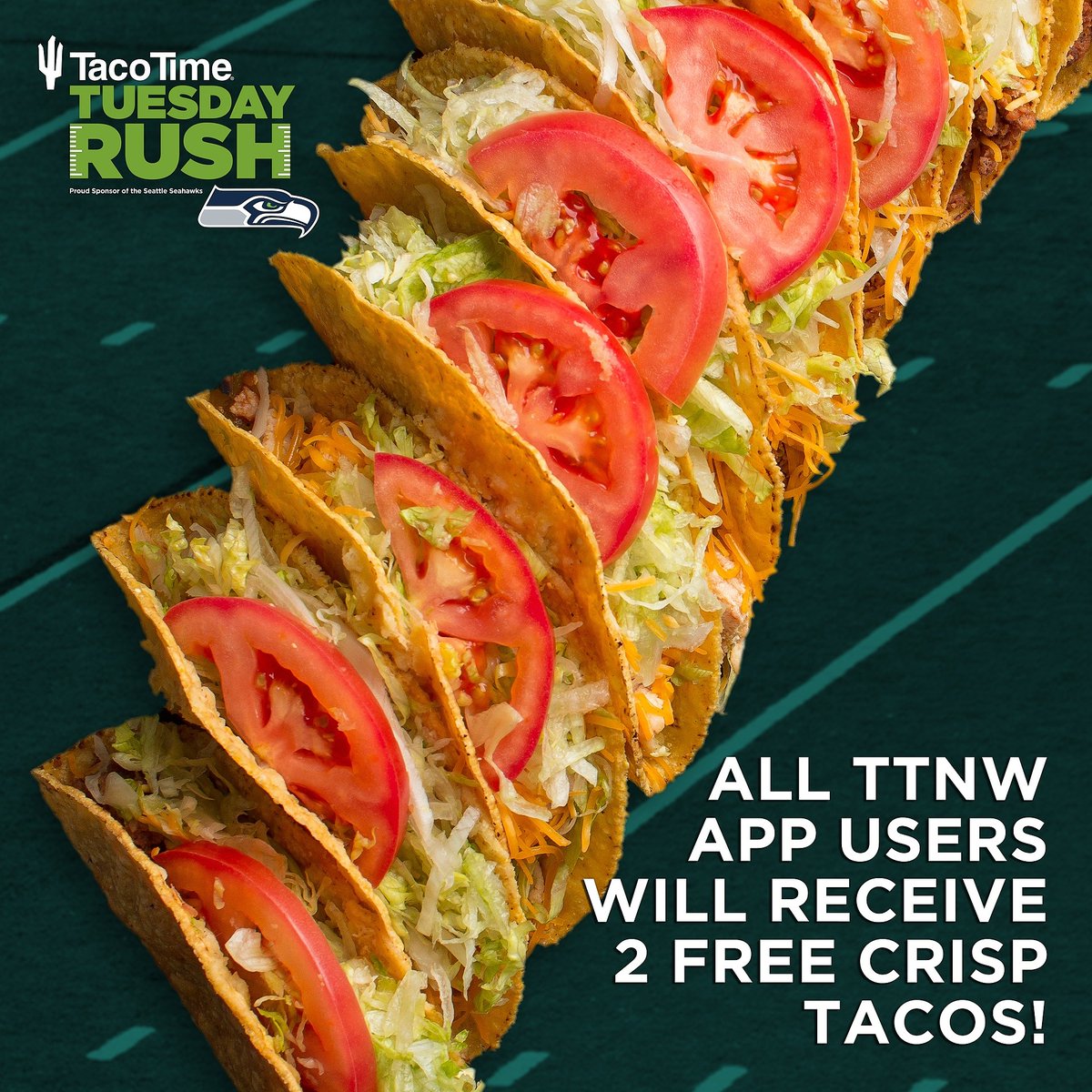 TacoTimeNW's tweet photo. Lynch’s rushing touchdowns earned registered app users TWO FREE #CrispTacos this Tuesday! 🌮🌮 Thank you for an awesome season, @Seahawks! 💙#TacoTimeTuesdayRush💚 #GoHawks #TacoTWOsday #RushToTacoTime https://t.co/XUQ4Kho40K https://t.co/9qBEOT0gaa