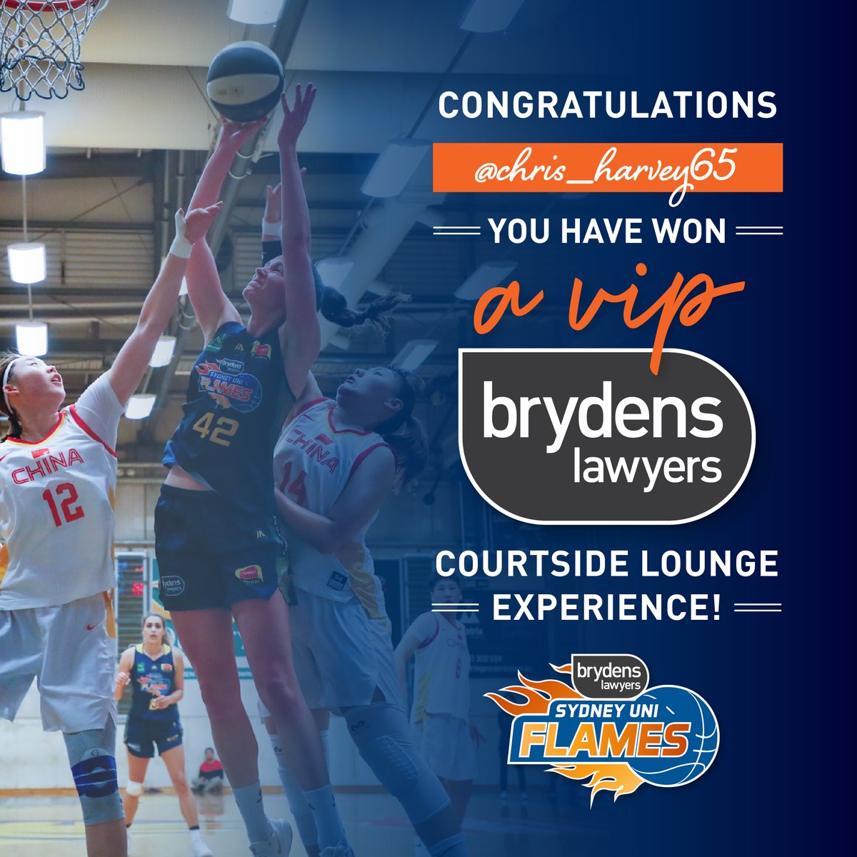BrydensLawyers's tweet photo. Congratulations @chris_harvey65 - you are the lucky winner of our Brydens Lawyers VIP Courtside Lounge Experience for the next @SydUniFlames home game!
#FanTheFlames #BrydensLawyersWEDO #WEDOSupport #GoFlames #WNBL #WNBL19 https://t.co/m8CMUWfTqD